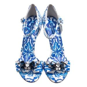 Dolce And Gabbana Blue Crystal Embellished Majolica Printed Fabric Ankle Strap